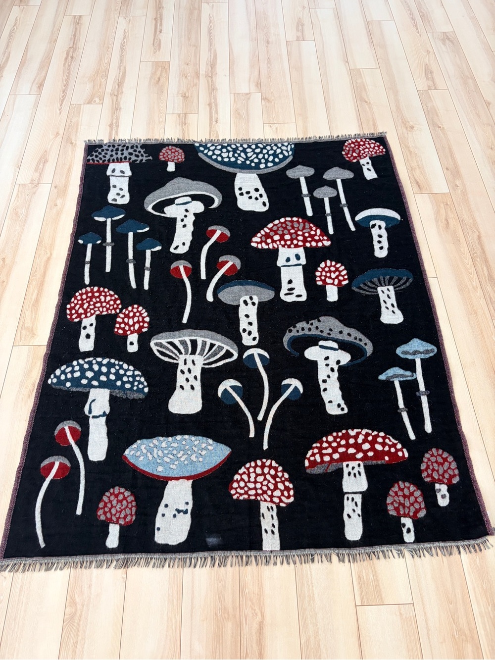 Black Mushroom Pattern Blanket - Red, Blue & White